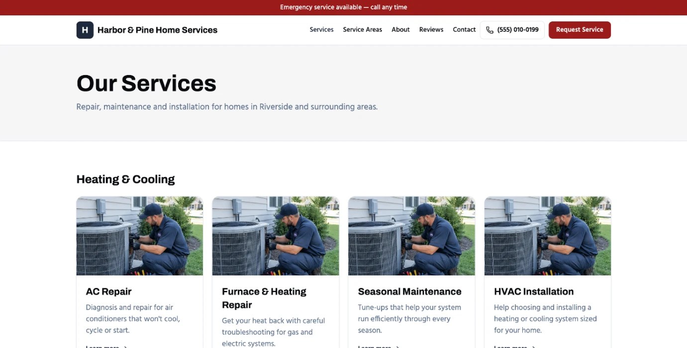HVAC and plumbing website concept by NWS on desktop